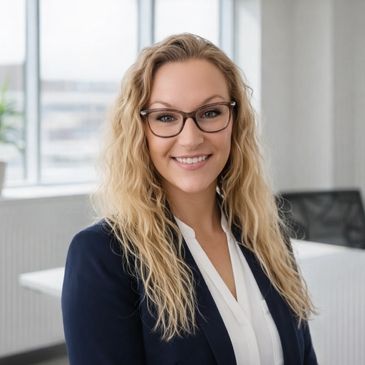 A professional woman with glasses smiling in an office setting.