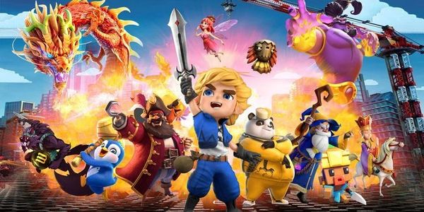 Colorful animated characters ready for battle in a vibrant fantasy cityscape.