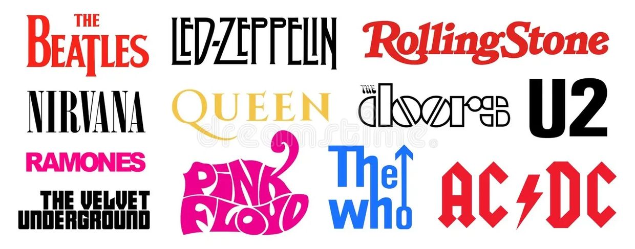 Logos of iconic rock bands and music magazine in various styles and colors.