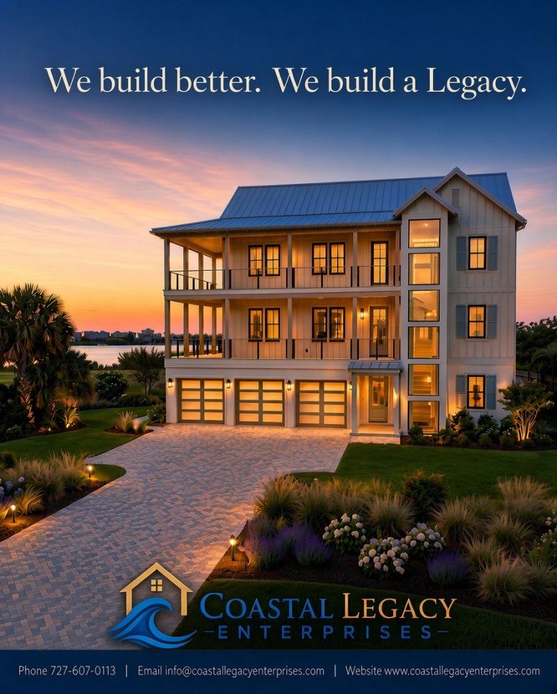Luxury coastal home with warm lighting at sunset.