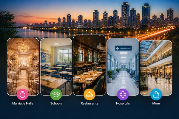 City skyline with visual cards showcasing wedding halls, schools, restaurants, hospitals, and local 