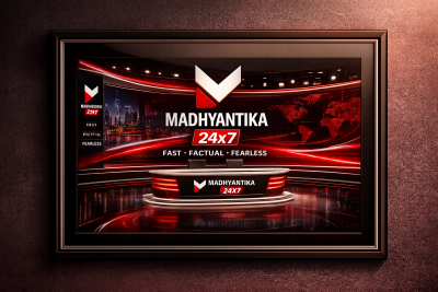Framed poster of Madhyantika 24x7 news studio.
