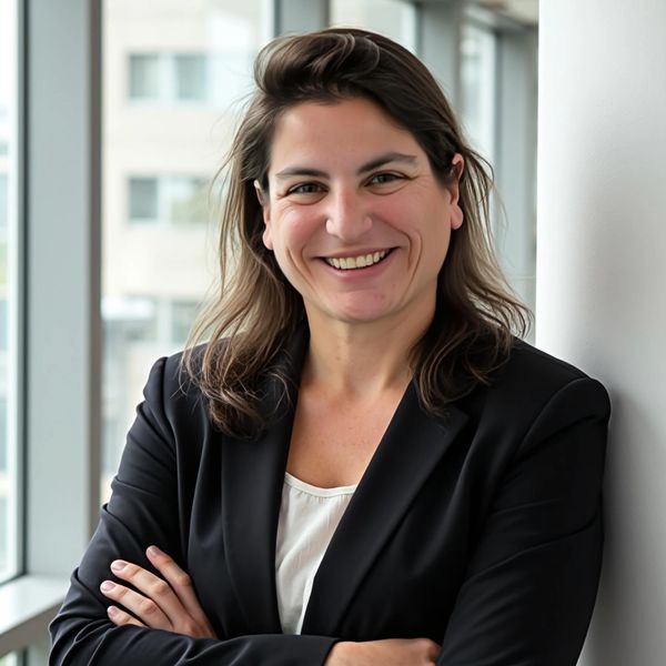Professional woman smiling with arms crossed in corporate office headshot.