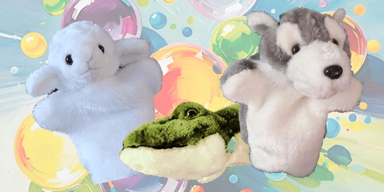 Three plush hand puppets: a white lamb, a green crocodile, and a gray husky dog.