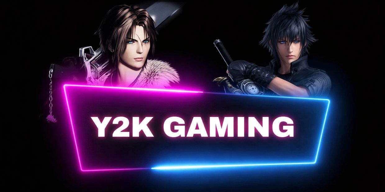 Y2K Gaming neon logo with retro gaming theme featuring Final Fantasy style characters on a dark background