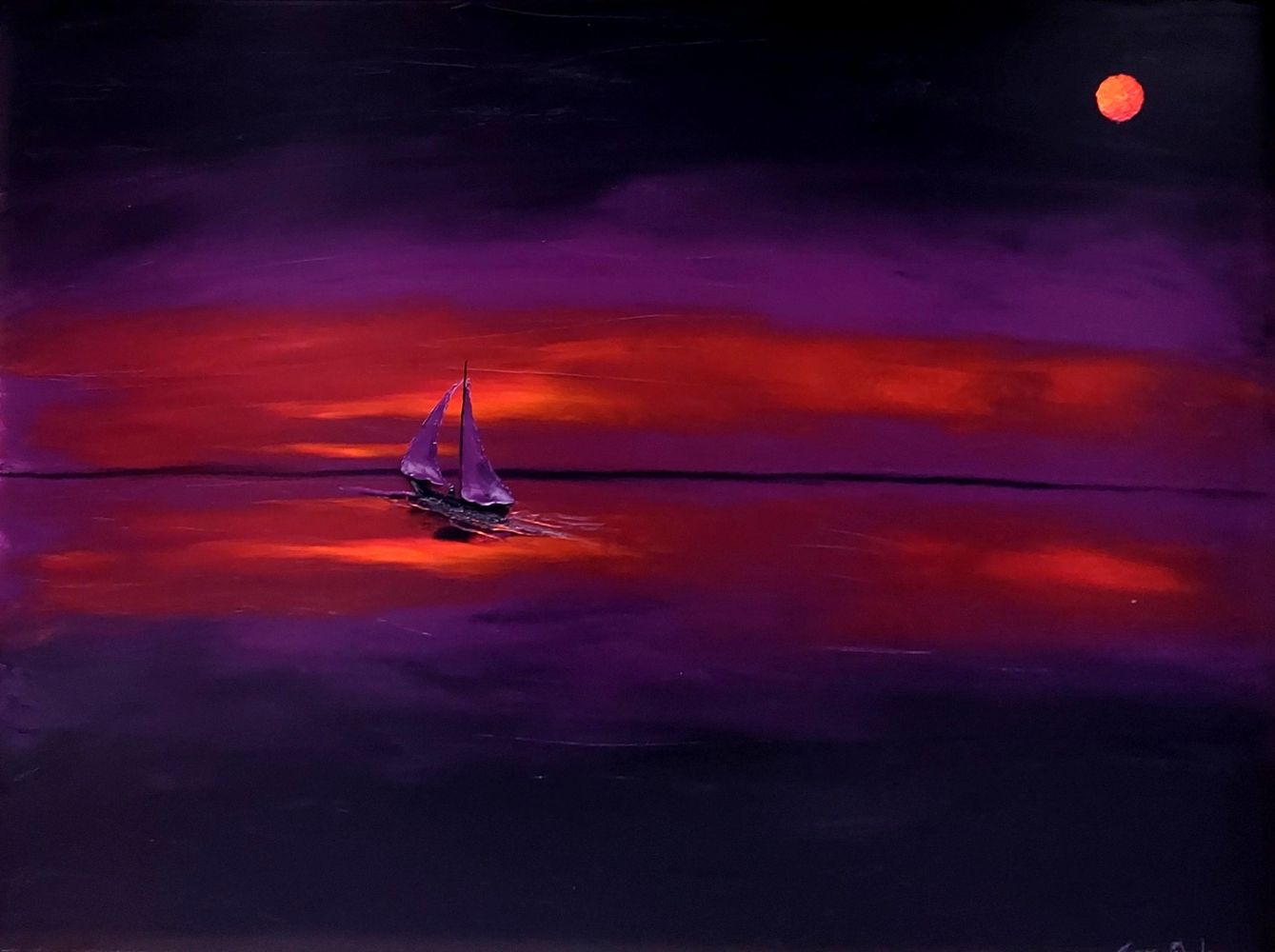 Sailboat on a vibrant purple and red sea under a red moon.