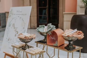 Elegant wedding favors and cards display at reception.