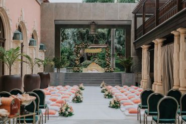 Elegant outdoor wedding setup with floral decorations.