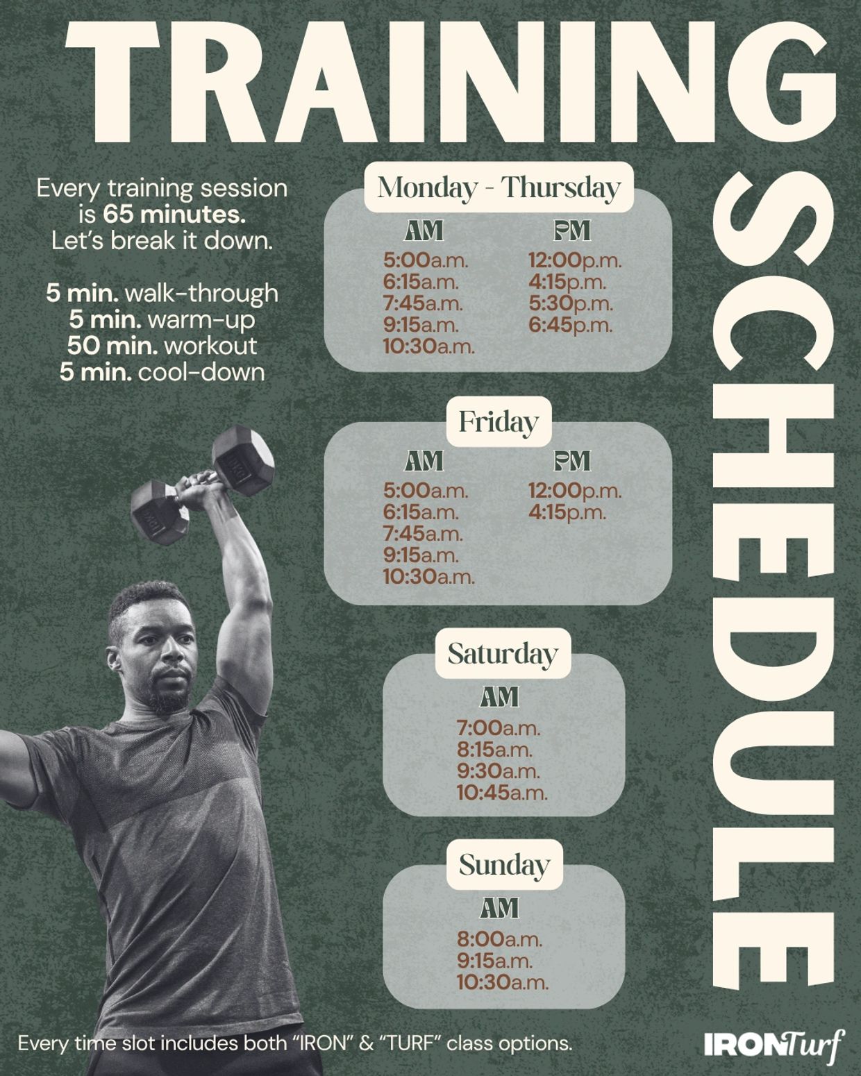 Training schedule with session breakdown and multiple time slots from Monday to Sunday.