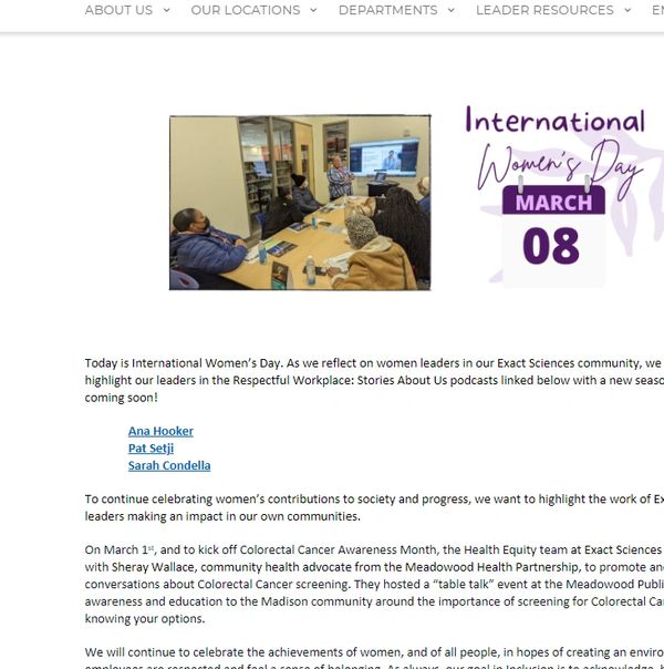 From Exact Science's Intranet-Sheray was featured on the website for National Women's day for doing 