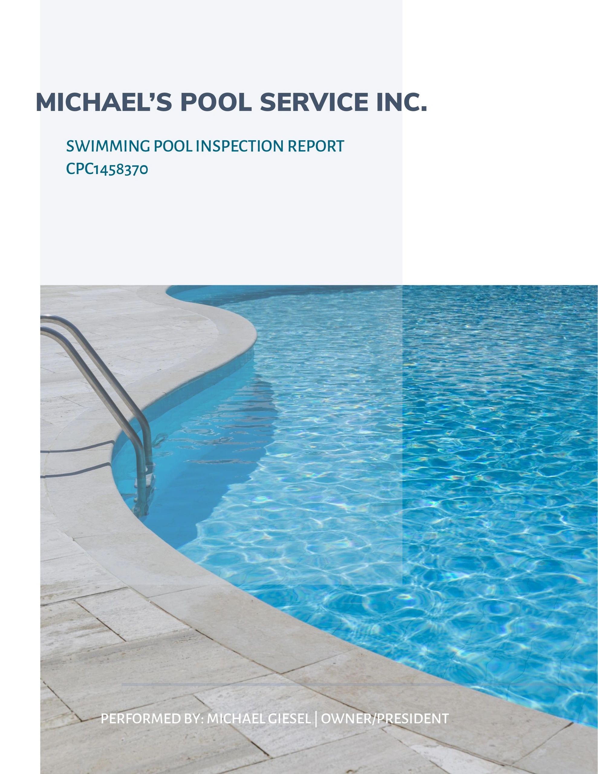 Swimming pool inspection report cover with a clear blue pool and stone deck.