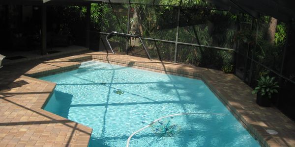"Completed swimming pool resurfacing project with new interior finish and sea turtle design in Lakeland, Florida."