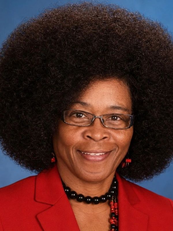 A smiling woman with large afro hair and glasses.