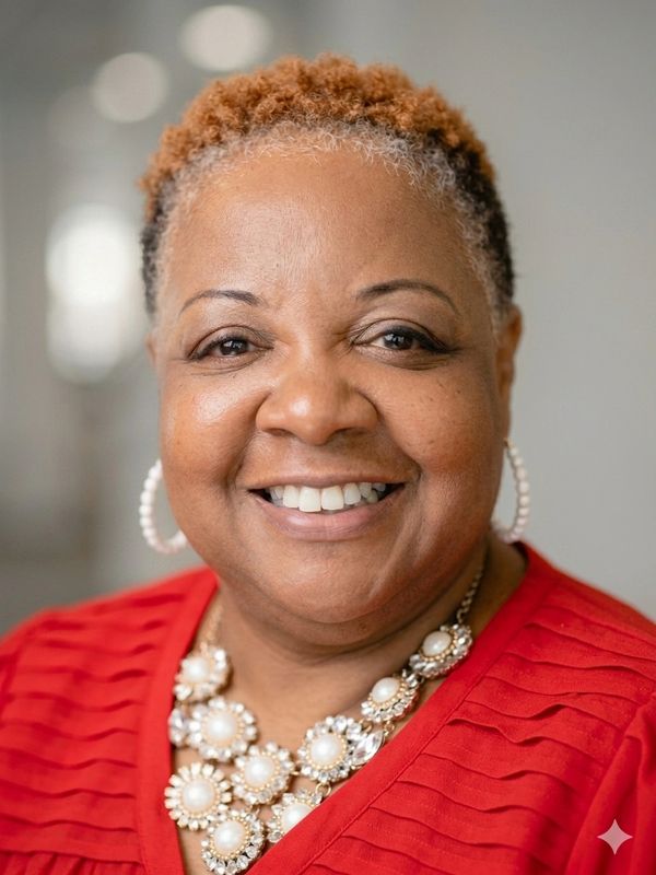 Smiling woman with short hair wearing a red top and statement necklace.