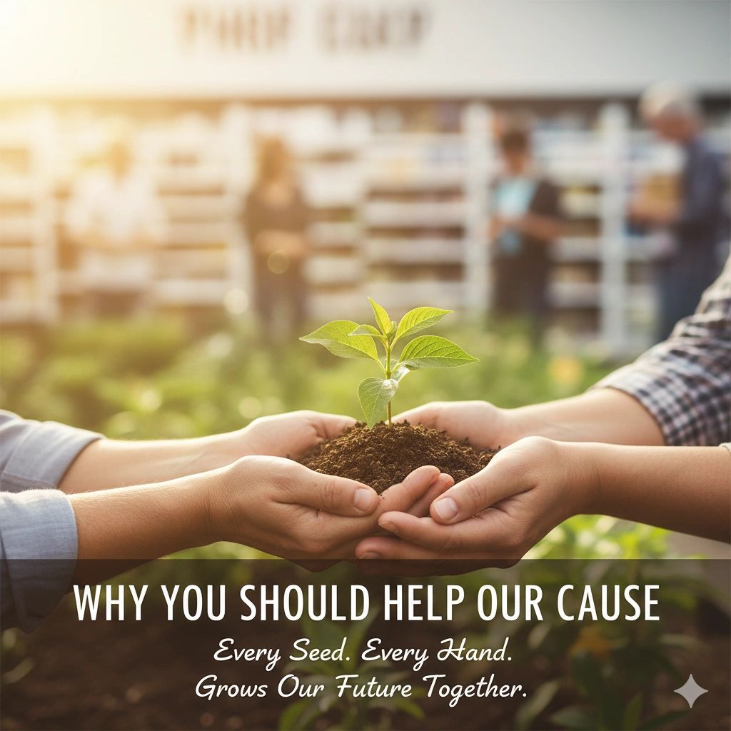 Hands holding soil with a young plant, symbolizing growth and community support.