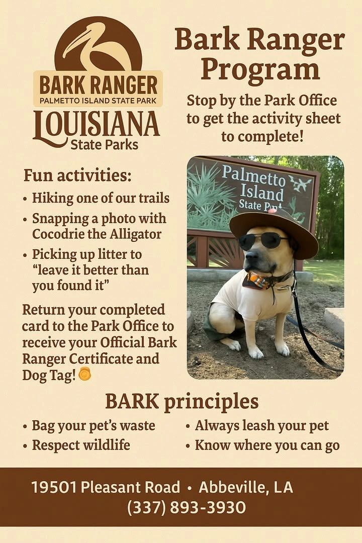 Bark Ranger Program at Palmetto Island State Park encouraging fun activities with dogs.