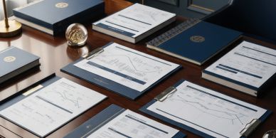 Documents with charts and graphs on a desk.