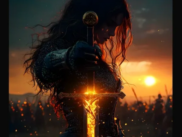 Warrior woman holding a glowing sword at sunset with an army behind her.