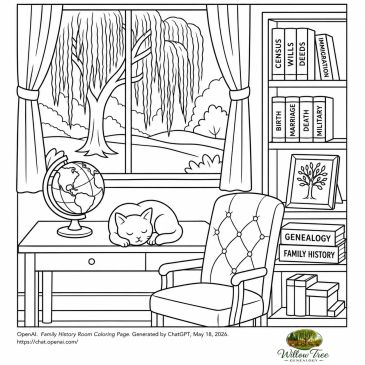 A cozy family history room with a sleeping cat on the desk and genealogy books on shelves.