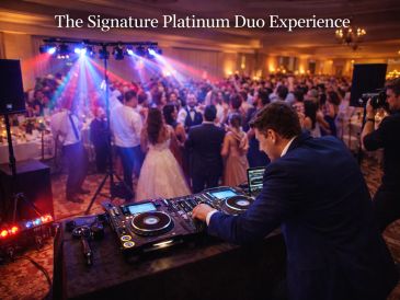 DJ playing music at a crowded wedding reception with vibrant lighting.