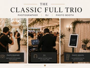 Wedding event services featuring photographer, DJ, and photo booth.