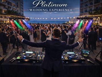 DJ entertaining a large crowd at a lively outdoor wedding reception.