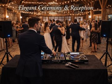 DJ playing music at an elegant wedding reception with dancing guests.