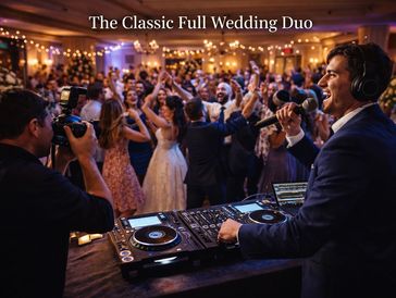 DJ performing at a lively wedding reception with a joyful crowd.