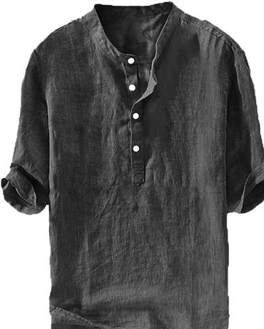 Ryannology Mens Linen Shirts Casual Cotton 3/4 Sleeve Regular-Fit Henley T-Shirt Summer Lightweight 