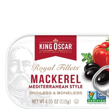 King Oscar Royal Fillets Mediterranean Style Mackerel can packaging.