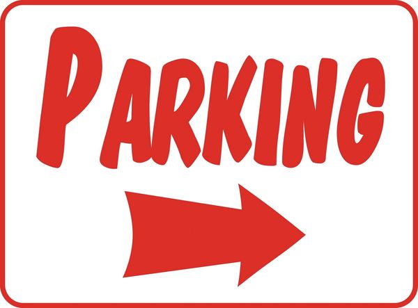 Red parking sign with an arrow pointing right.