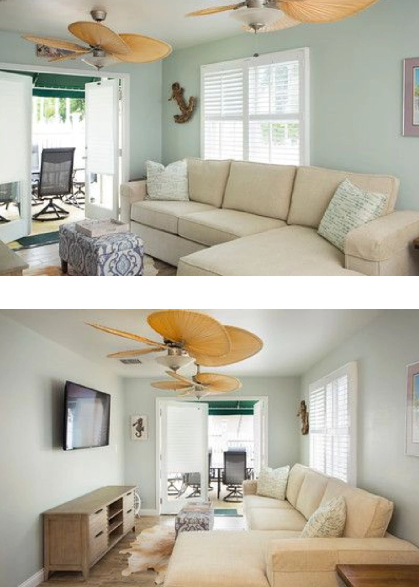 Sofa area ceiling fans French doors Flat screen TV