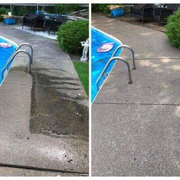 Before and after pressure washing of concrete around a pool in Sydney River, Nova Scotia