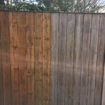 Fence pressure washing in progress showing the difference between cleaned and uncleaned surfaces in 