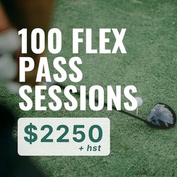 Golf club on grass with text about 100 flex pass sessions for $2250 plus tax.