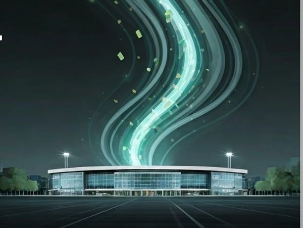 Glowing digital stream rising from a modern building at night.