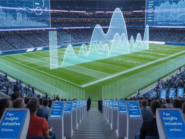 Fans in a stadium viewing real-time data insights during a game.