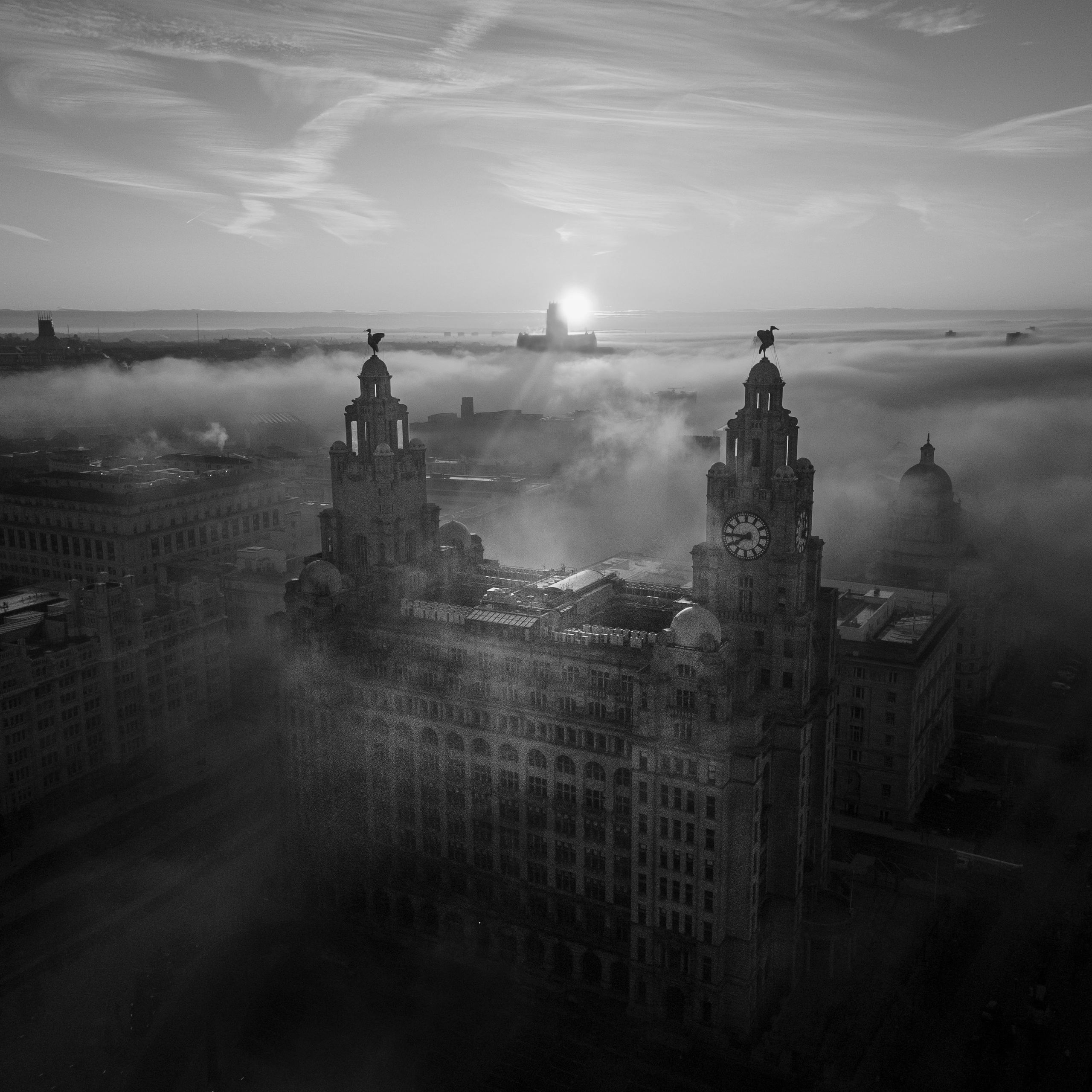 Liverpool's Liver Building epic misty sunrise 
