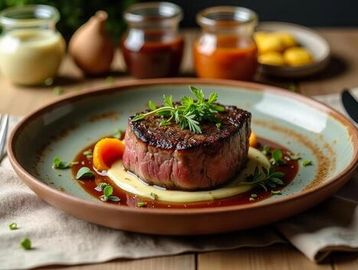 A beautifully plated steak with sauce and garnish on a ceramic plate.