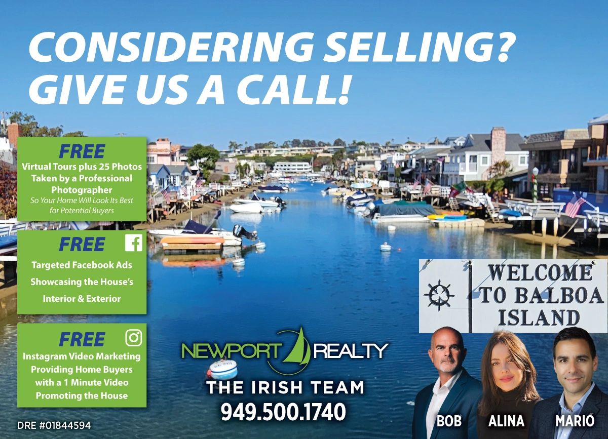 Newport Realty seller marketing graphic featuring Balboa Island and the Irish Team.