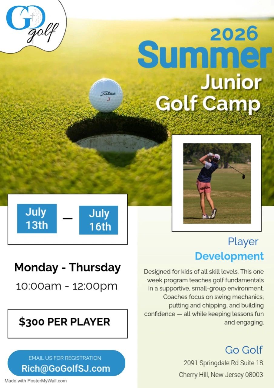 2026 Summer Junior Golf Camp for skill development, July 13-16, Cherry Hill NJ.