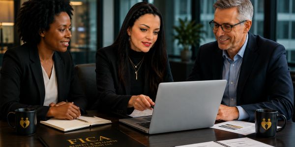 Three professionals collaborate over a laptop in an office.