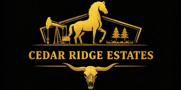 Golden logo of Cedar Ridge Estates featuring a horse, oil pump, trees, and a longhorn skull.