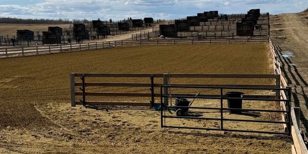 A fenced dirt arena with cattle pens in the background under a cloudy sky.