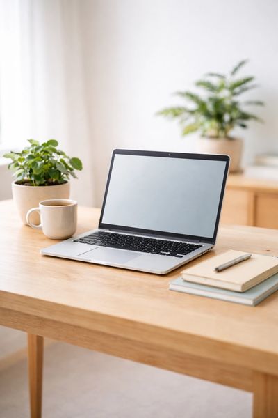 Minimal telehealth workspace with computer for online psychiatric appointments