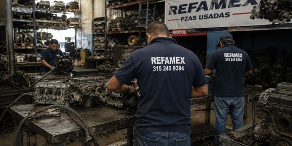 Workers in a workshop handling used engine parts with focus on REFAMEX branding.