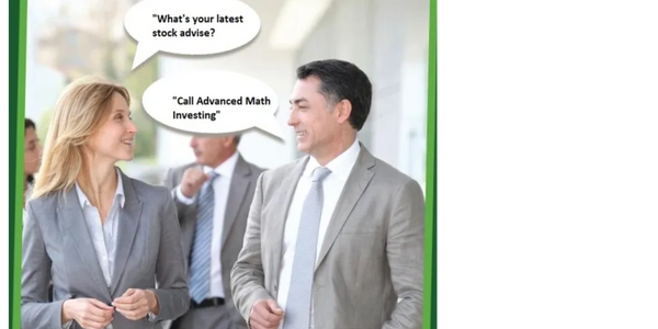 Two professionals discuss stock advice, highlighting 'Advanced Math Investing'.