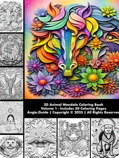 Colorful 3D animal mandala featuring a horse and lion surrounded by flowers, with black and white mandala coloring pages.