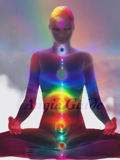 Meditating figure with illuminated chakras in a rainbow aura.