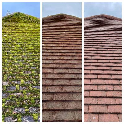 Image showing three stages of Biocide Treatments on a tiled roof. Cleaned by Render Cleaning NI. 